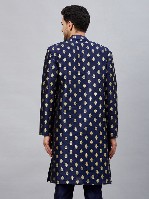 Vastramay Men's Navy Blue Foil Print Silk Blend Kurta