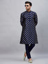 Vastramay Men's Navy Blue Foil Print Silk Blend Kurta Pant Set