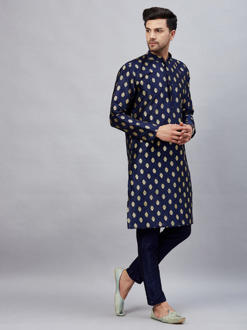 Vastramay Men's Navy Blue Foil Print Silk Blend Kurta Pant Set