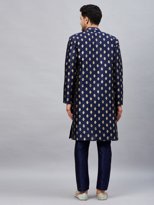 Vastramay Men's Navy Blue Foil Print Silk Blend Kurta Pant Set