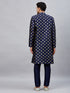 Vastramay Men's Navy Blue Foil Print Silk Blend Kurta Pant Set