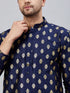 Vastramay Men's Navy Blue Foil Print Silk Blend Kurta Pant Set