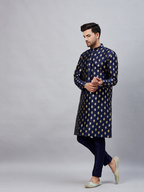 Vastramay Men's Navy Blue Foil Print Silk Blend Kurta Pant Set