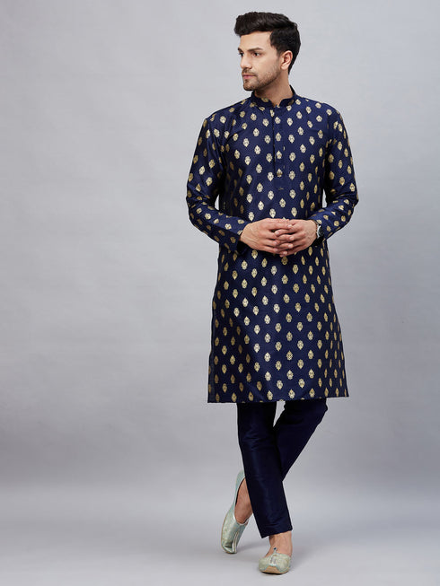 Vastramay Men's Navy Blue Foil Print Silk Blend Kurta Pant Set