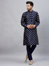 Vastramay Men's Navy Blue Foil Print Silk Blend Kurta Pant Set