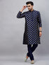 Vastramay Men's Navy Blue Foil Print Silk Blend Kurta