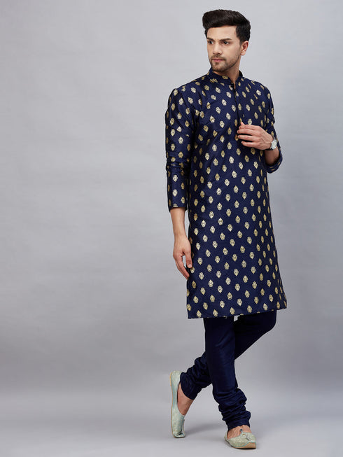 Vastramay Men's Navy Blue Foil Print Silk Blend Kurta