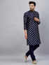 Vastramay Men's Navy Blue Foil Print Silk Blend Kurta