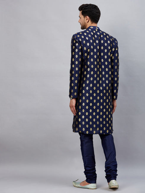 Vastramay Men's Navy Blue Foil Print Silk Blend Kurta