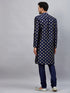 Vastramay Men's Navy Blue Foil Print Silk Blend Kurta