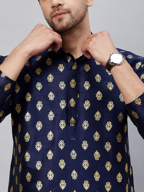 Vastramay Men's Navy Blue Foil Print Silk Blend Kurta