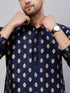 Vastramay Men's Navy Blue Foil Print Silk Blend Kurta