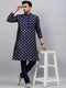 Vastramay Men's Navy Blue Foil Print Silk Blend Kurta