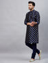 Vastramay Men's Navy Blue Foil Print Silk Blend Kurta