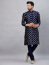 Vastramay Men's Navy Blue Foil Print Silk Blend Kurta