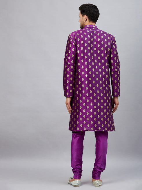 Vastramay Men's Purple Foil Print Silk Blend Kurta Pyjama Set