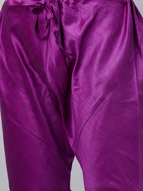 Vastramay Men's Purple Foil Print Silk Blend Kurta Pyjama Set