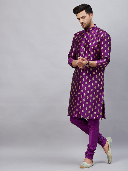 Vastramay Men's Purple Foil Print Silk Blend Kurta Pyjama Set
