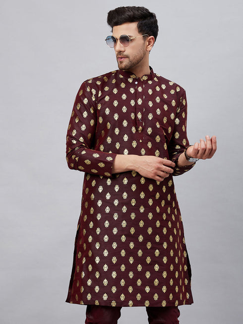 Vastramay Men's Wine Foil Print Silk Blend Kurta