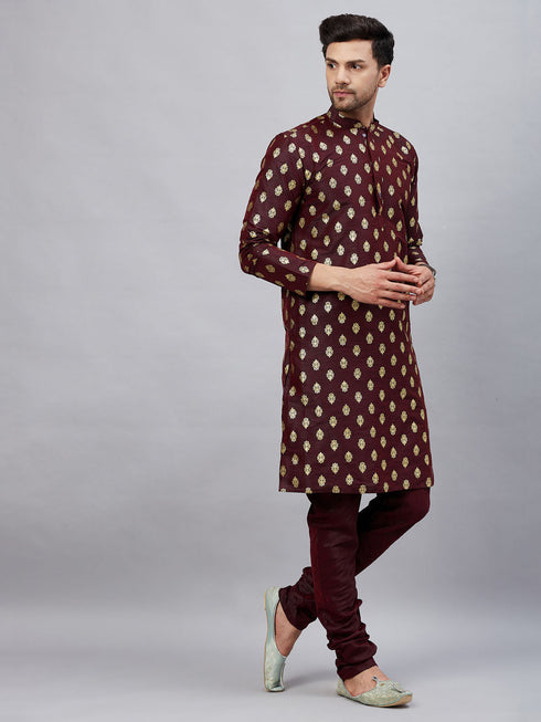 Vastramay Men's Wine Foil Print Silk Blend Kurta Pyjama Set