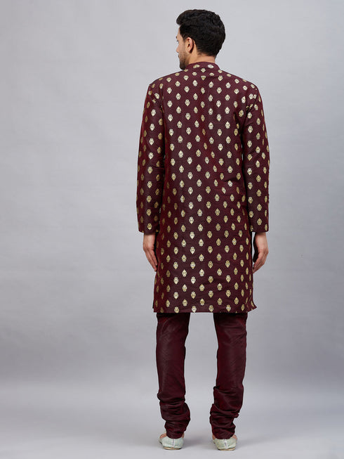 Vastramay Men's Wine Foil Print Silk Blend Kurta Pyjama Set