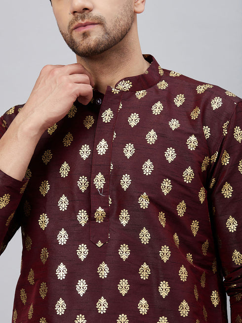 Vastramay Men's Wine Foil Print Silk Blend Kurta Pyjama Set