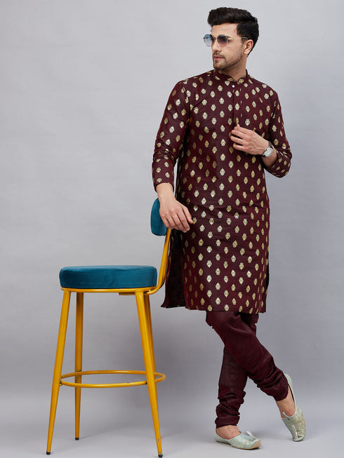 Vastramay Men's Wine Foil Print Silk Blend Kurta Pyjama Set