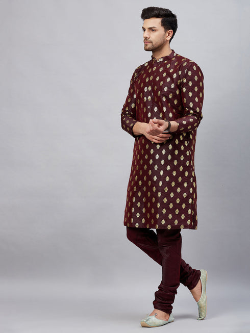 Vastramay Men's Wine Foil Print Silk Blend Kurta Pyjama Set