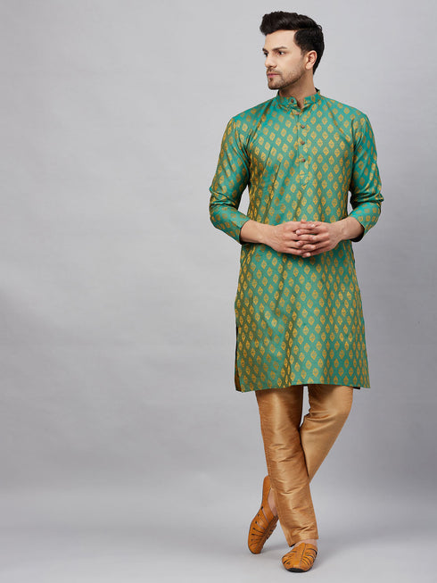 Vastramay Men's Green and Rose Gold Woven Kurta Pant Set