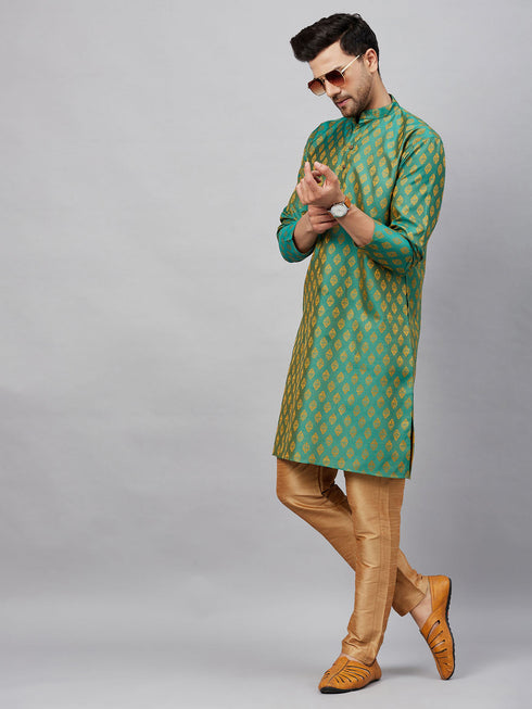 Vastramay Men's Green and Rose Gold Woven Kurta Pant Set