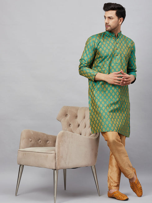 Vastramay Men's Green and Rose Gold Woven Kurta Pant Set
