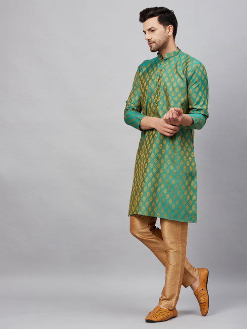 Vastramay Men's Green and Rose Gold Woven Kurta Pant Set