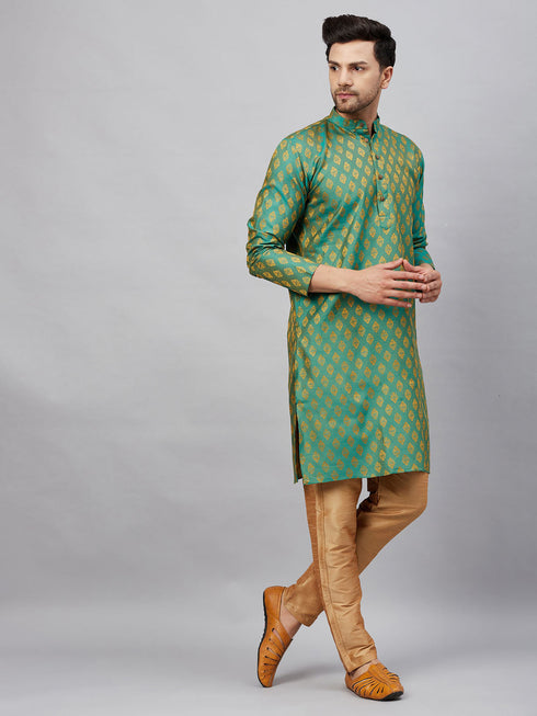 Vastramay Men's Green and Rose Gold Woven Kurta Pant Set