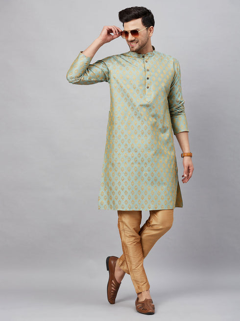 Vastramay Men's Mint Green and Rose Gold Woven Kurta Pant Set
