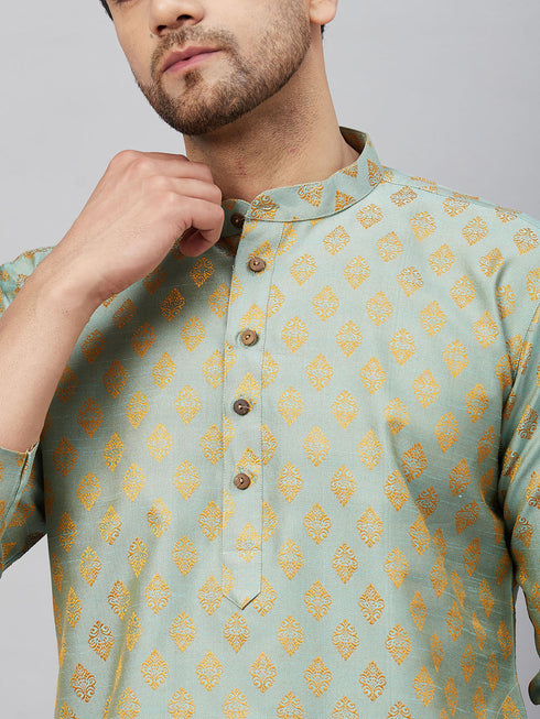 Vastramay Men's Mint Green and Rose Gold Woven Kurta Pant Set