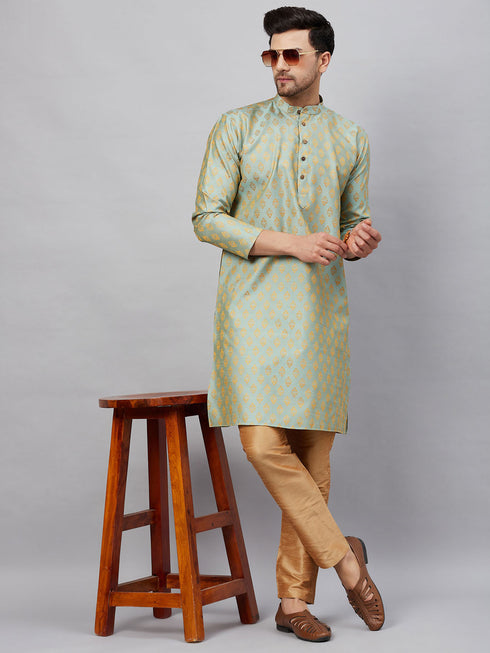 Vastramay Men's Mint Green and Rose Gold Woven Kurta Pant Set