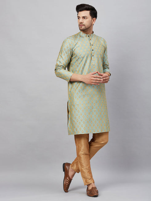 Vastramay Men's Mint Green and Rose Gold Woven Kurta Pant Set