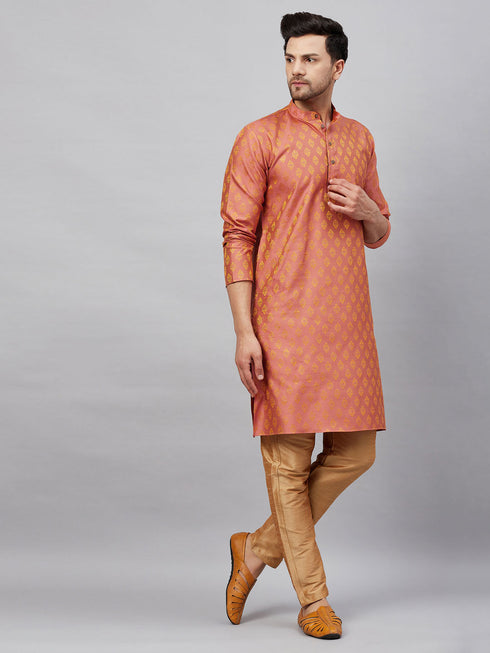 Vastramay Men's Pink and Rose Gold Woven Kurta Pant Set