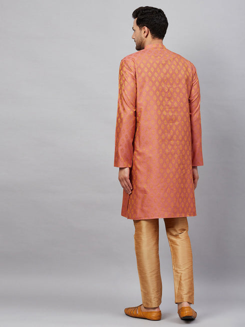 Vastramay Men's Pink and Rose Gold Woven Kurta Pant Set