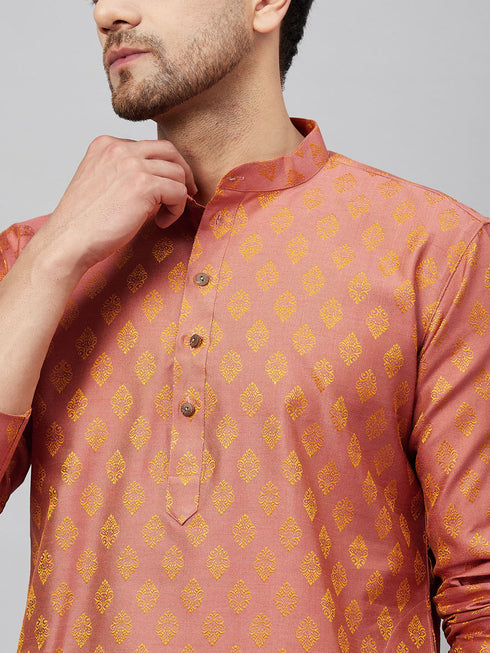 Vastramay Men's Pink and Rose Gold Woven Kurta Pant Set