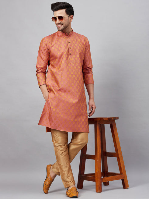 Vastramay Men's Pink and Rose Gold Woven Kurta Pant Set