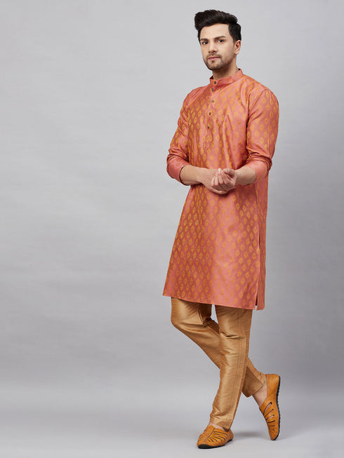 Vastramay Men's Pink and Rose Gold Woven Kurta Pant Set