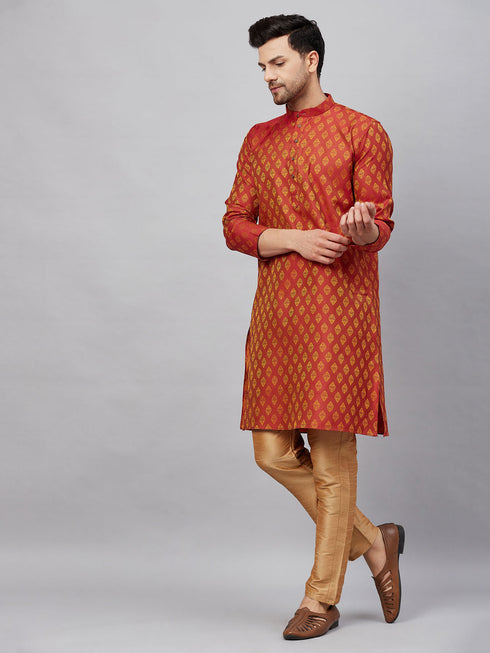 Vastramay Men's Red and Rose Gold Woven Kurta Pant Set