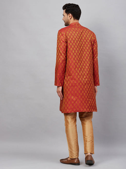 Vastramay Men's Red and Rose Gold Woven Kurta Pant Set