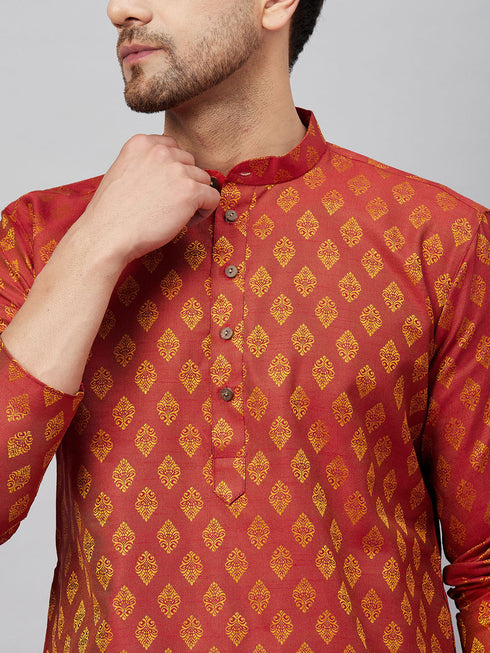 Vastramay Men's Red and Rose Gold Woven Kurta Pant Set