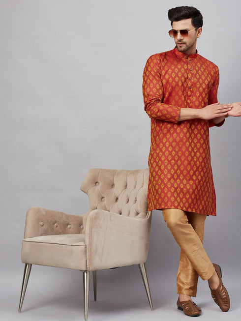 Vastramay Men's Red and Rose Gold Woven Kurta Pant Set