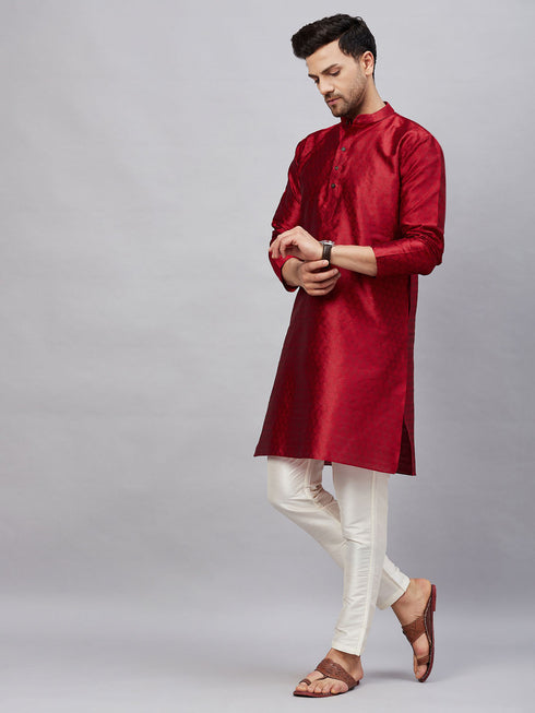 Vastramay Men's Maroon Woven Kurta With pant Set