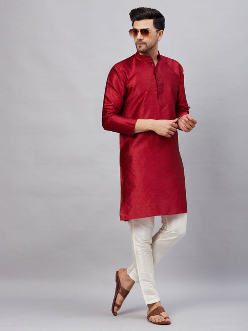 Vastramay Men's Maroon Woven Kurta With pant Set