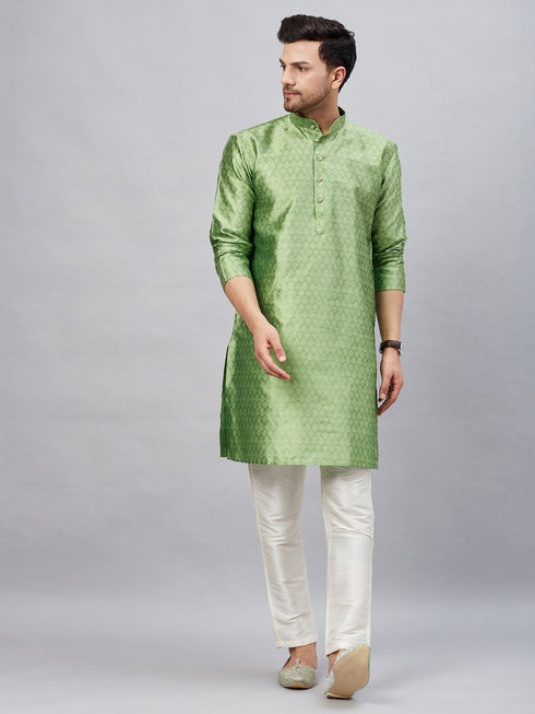 Vastramay Men's Mint Green Woven Kurta With pant Set