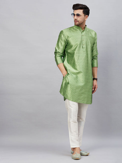 Vastramay Men's Mint Green Woven Kurta With pant Set